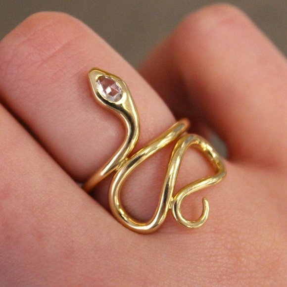 14k Yellow Gold Snake Ring with Rose Cut Diamond Head - Picture 5 of 5